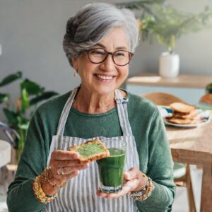 Mujer mayor sonriendo tomando una tostada untada de espirulina fresca